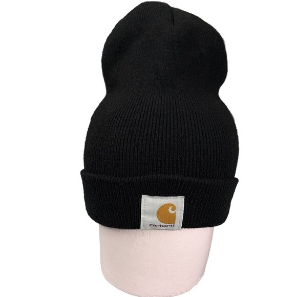CARHARTT Black Acrylic Knit Cuffed Beanie Hat One Size T Burst Logo Patch - Picture 1 of 8